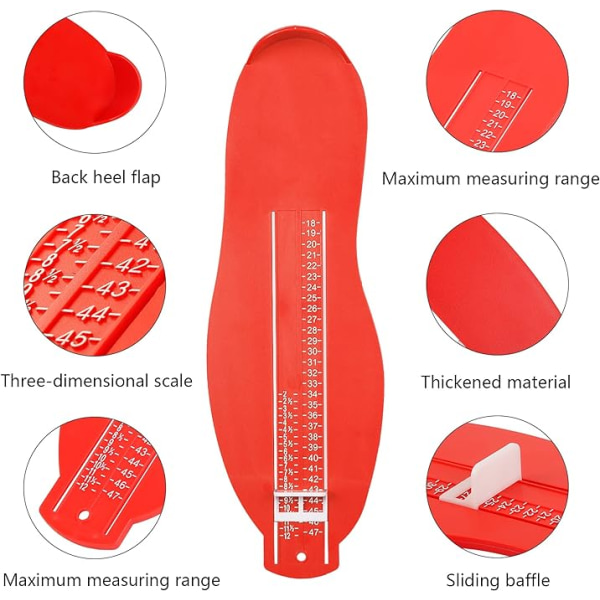 Fotmätare i storlek 18–47 skomätare med mjukt måttband innerskomätare PVC skostorleksmätare fot och skomätare för att bekräfta skostorlekarna（röd）