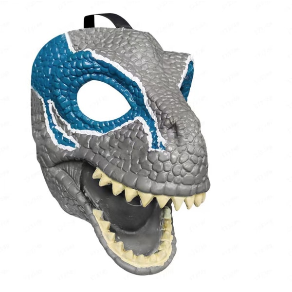 Dinosaurmaske med bevegelig kjeve, åpninger for øyne og nese, og sikker stropp, blå