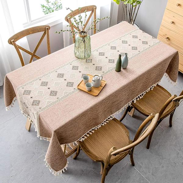 Rektangulär bordsduk i linne och bomull, fyrkantig söm med tofsar, tvättbara bordsdukar för köksbord (140x140cm)C
