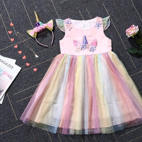 Barn Enhörning Kostym Klänning, Flicka Enhörning Kjol, Blommor Flicka Ärmlös Festkläder, Födelsedagskläder Festkläder, Enhörningshalsband（Rosa） 100