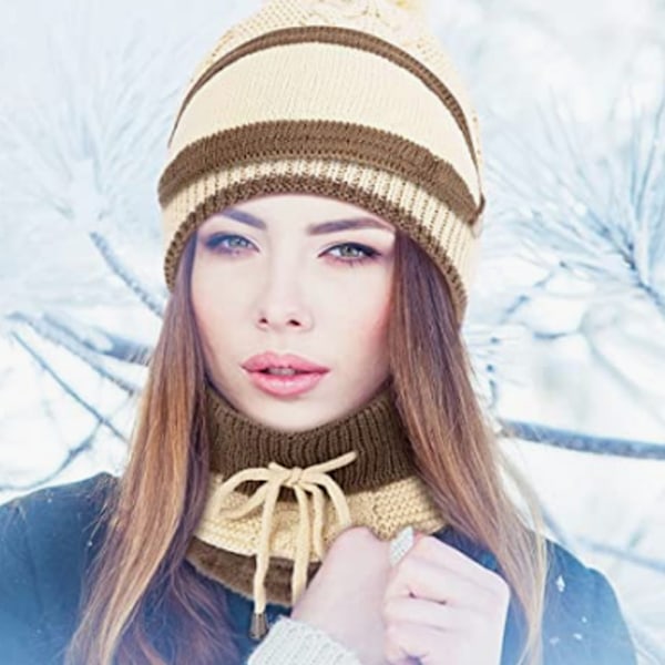 Vintermode Ridhatt Öronskydd Ullhattmask Slipsar Koreanskt mode stickning Varm tredelad set (beige)