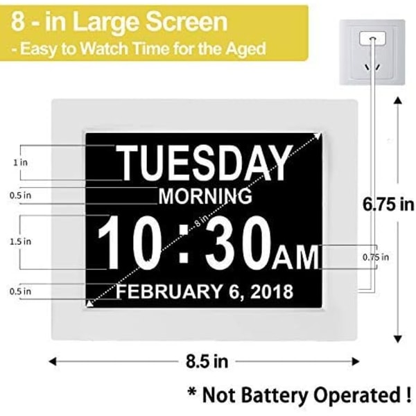 Digital väckarklocka med digital kalender - med 8 tum stor skärm, AM PM, 5 larm, för extra brett synskada, äldre, för skrivbord, väggmontering