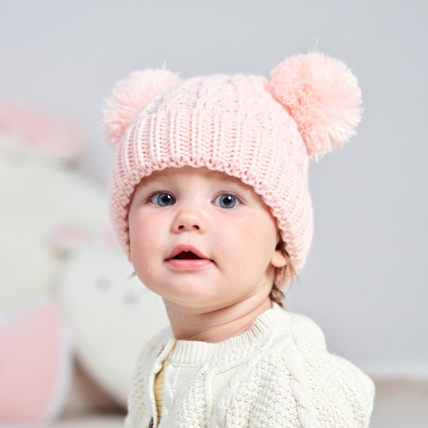 Baby Lue Dobbel Ball Barnelue Høst og Vinter Varm Lue (Rosa)