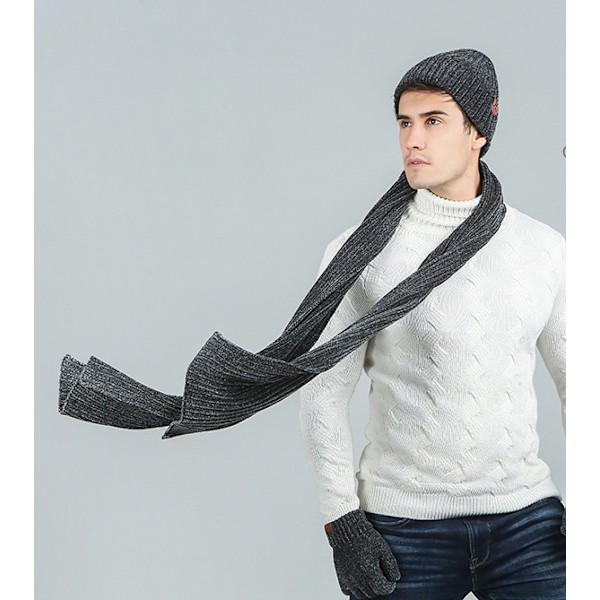Varma scarfhatthandskar Tredelad set av solid ribbad stickad ullmössa filtscarf (beige)