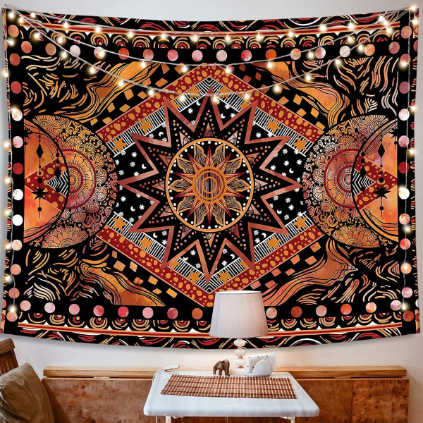 Orange Sun and Moon Väggtapet, Cool Indie Hippie Mandala Väggtapeter, Estetisk gobeläng för sovrum, vardagsrum, sovsal (orange, 28' × 37')