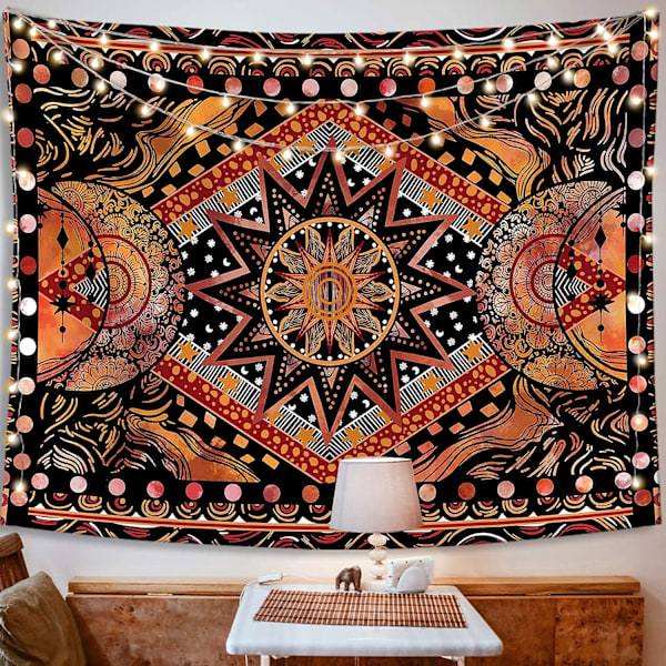 Orange Sun and Moon Väggtapet, Cool Indie Hippie Mandala Väggtapeter, Estetisk gobeläng för sovrum, vardagsrum, sovsal (orange, 28' × 37')