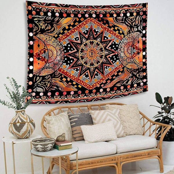 Orange Sun and Moon Väggtapet, Cool Indie Hippie Mandala Väggtapeter, Estetisk gobeläng för sovrum, vardagsrum, sovsal (orange, 28' × 37')