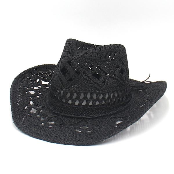 Udendørs Herre Dame Western Cowboyhatte Håndvævet Stråhat Åndbar sort