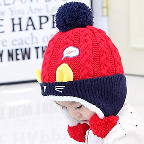Toddler Baby flickor och pojkar Fleecefodrade Virkade Öronlappsmössor Nyfödda Barn Söt Mössa Vinter Mjuk Varm Stickad Keps Röd