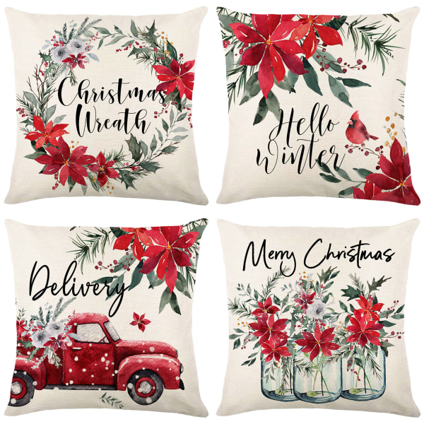 Röda julkuddfodral 18x18 tum Set med 4 dekorativa julstjärnor plädade örngott polyester linne kuddfodral för soffa bäddsoffa jul