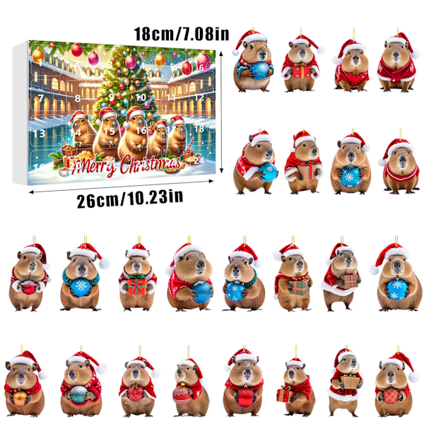 2024 Julekalender Sød Capibala Akryl Vedhæng Sæt Boks Juletræ Vedhæng 24 Dages Nedtællingskalender Fest Dekoration