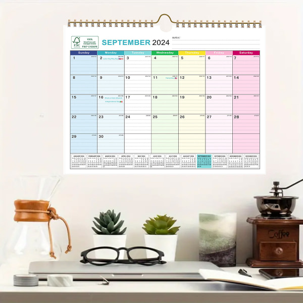 Väggkalender 2024, januari 2024-decomber 2024, 10" x 13", markerade helgdagar, planeringskalender, tjockt papper