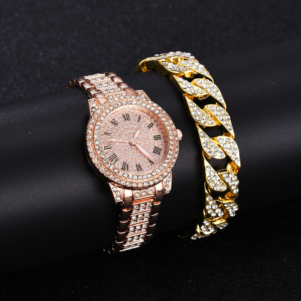 Watch för herr och dam All Diamond Fashion Watch+ armband dam vintage romersk stålplåt Watch (guld)