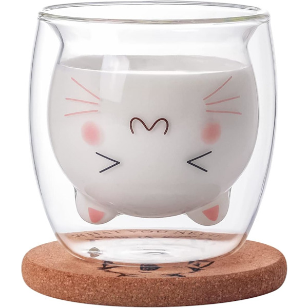 Söt kaffemugg Katt Tekopp Mjölk Dubbelvägg Klart isolerat glas espressomugg med underlägg intressant present till dig (kattmugg)