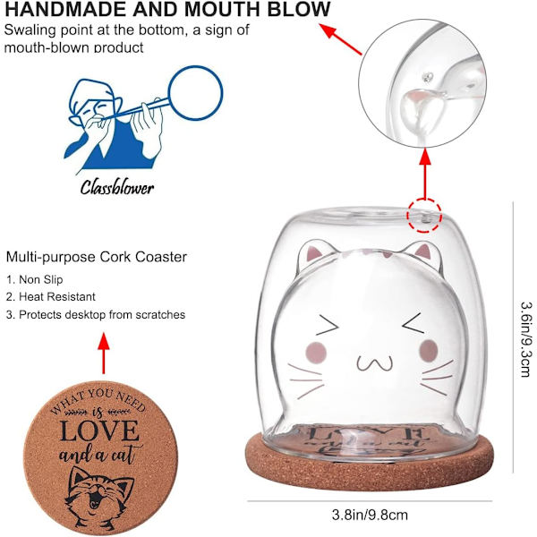 Söt kaffemugg Katt Tekopp Mjölk Dubbelvägg Klart isolerat glas espressomugg med underlägg intressant present till dig (kattmugg)