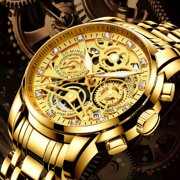 Watch herrskelett lysande vattentät skeleton stålband Högkvalitativ watch (guld)