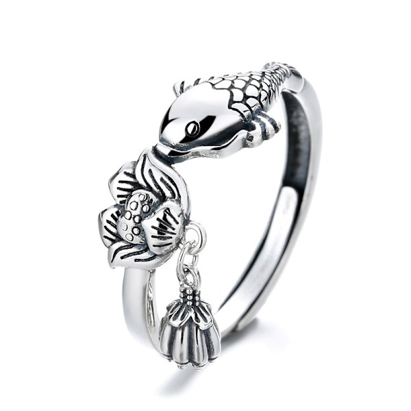 Silverring hona retro etnisk karp lotus ekollon matring par justerbar ring honansikte ring bredd 8 mm