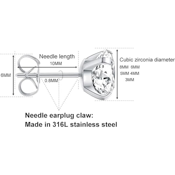 5 par örhängen set, allergivänliga 316L Cubic Zirconia örhängen i rostfritt stål CZ-örhängen 3-8 mm, silver