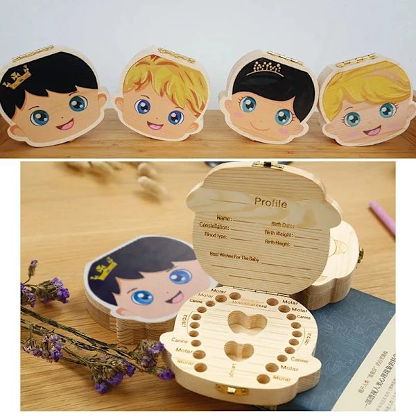 Baby Wood Tannboks Organizer Melketenner Oppbevaring Språk Spania Engelsk Samle tenner Umbilica Spare gaver Baby Tannboks girl
