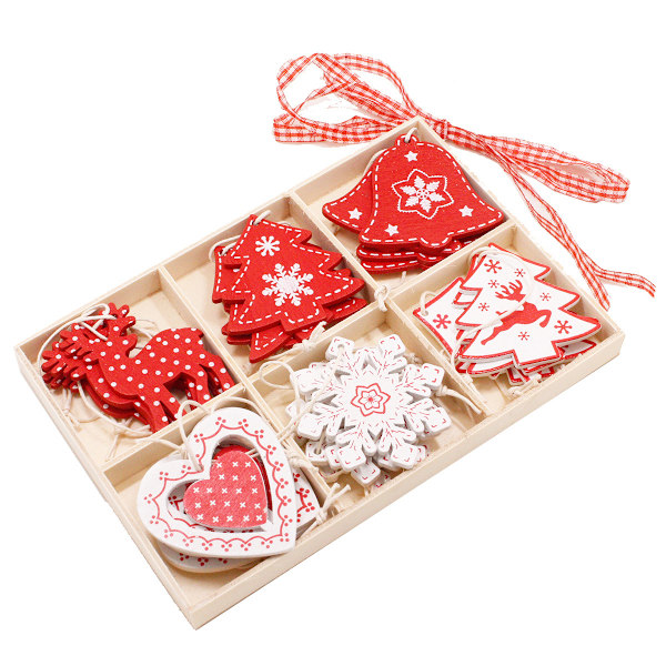 Christmas Tree Ornament Set med 24, trä julgransprydnader