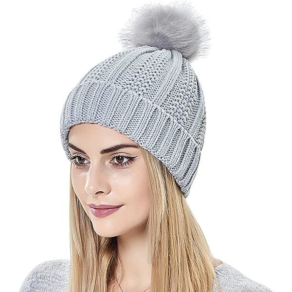 Dame Vinterhue med Satinforing, Faux Pels Pom Pom og Ombukket Kant