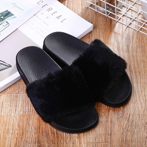 Kvinnor plysch toffel fluffig päls flip flop svart 38