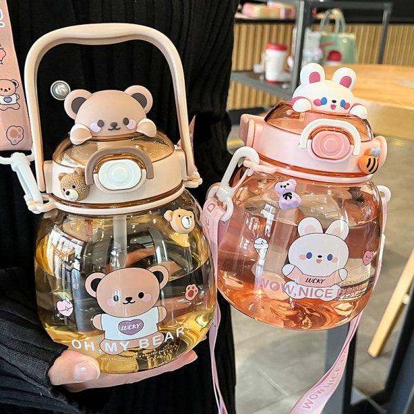 1,3L Bärbar Kawaii Bear Cup tumlare med sugrör rosa Yellow