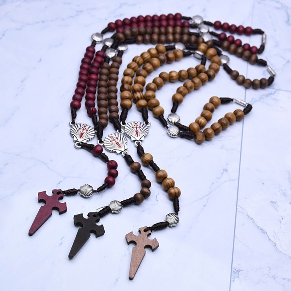 Mode pärlor Rosenkrans kors halsband Jungfru Maria hänge Vinröd Wine red