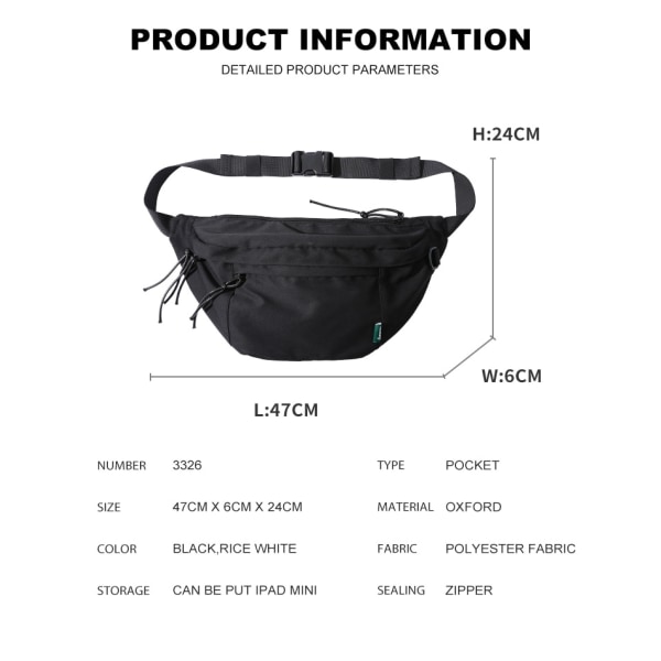 Multifunktions överdimensionerad Fanny Pack vattentät Oxford bröstväska svart 47*6*24cm black