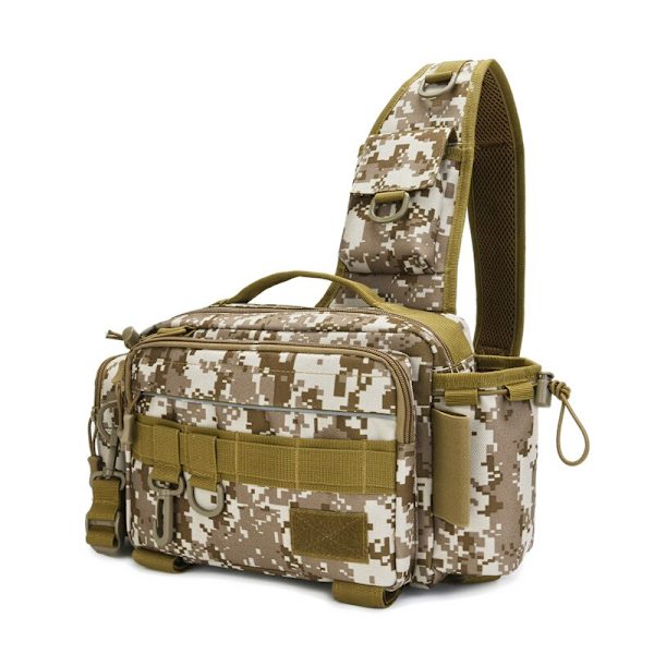 Multifunktionell lutande axelväska för fiske brown desert camo