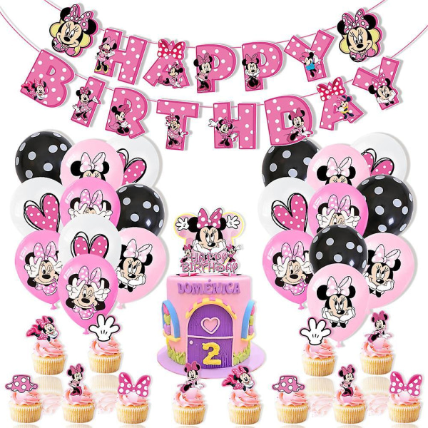Minnie Mouse Tema Barn Flicka Grattis på födelsedagen Banner Ballonger Cake Topper Set Party Supplies