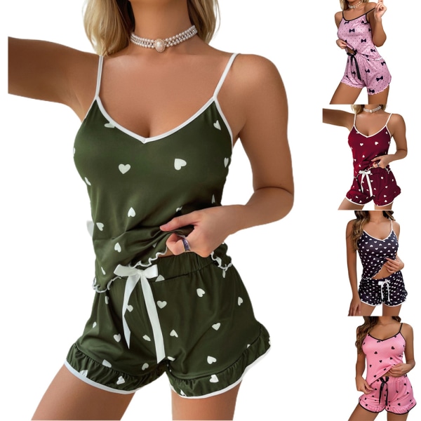 Printed väst Cami Sovkläder Pyjamas Underkläder Shorts Set Burgundy S Military green L