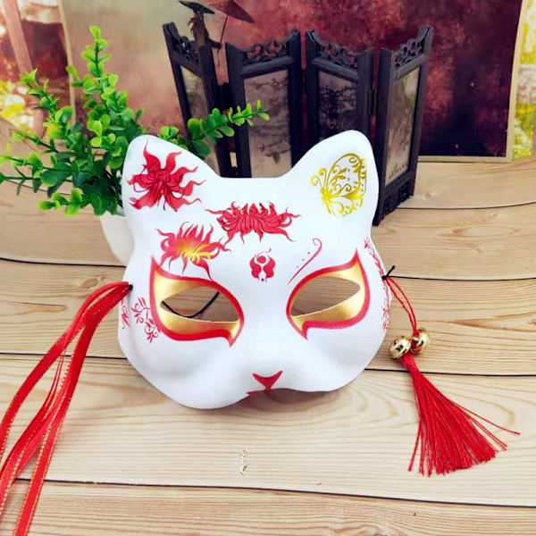 Handmålad Half Face Fox Kitsune Mask Halloween Cosplay Masq C1 C1