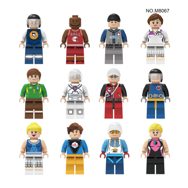 12 sport miniatyr karaktär kort atlet byggklossar leksak vit