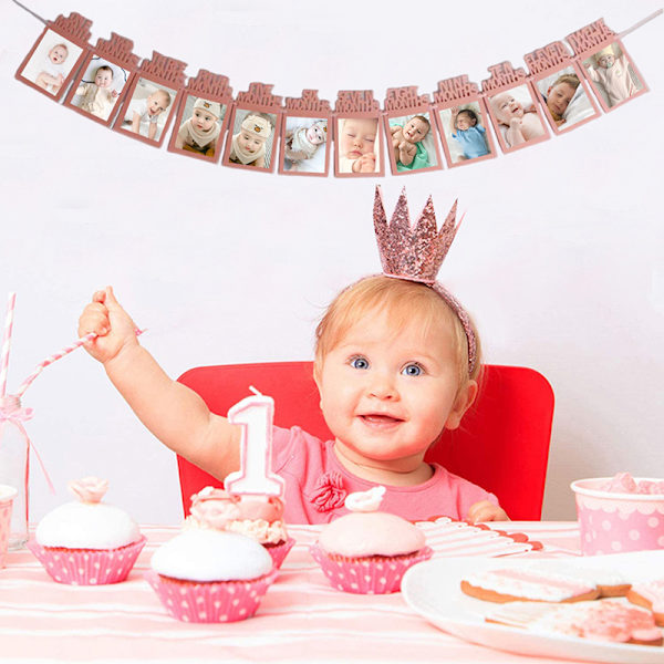 Baby 1:a födelsedag pojke flicka 12 månader foto banner ett års fest Mörkgul One Size