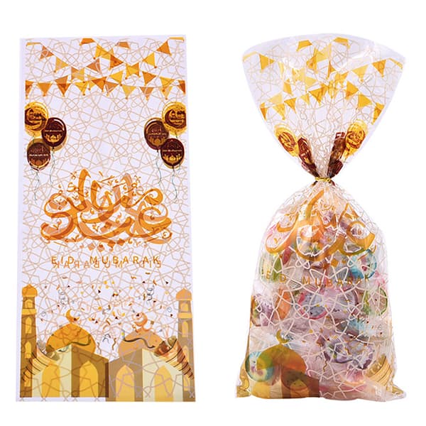 50 Styck Eid Mubarak Plast Godispåse med Twist Slips Ramadan
