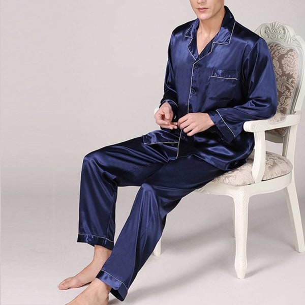 Herr Pyjamas nattkläder Set Boy Long Sleeve Nightwear Loungewear Black XL Blue XL