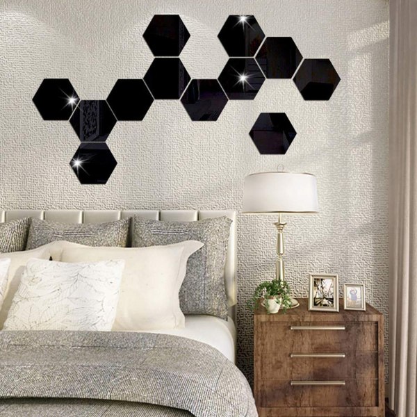 36st Mirror Wall Stickers Hexagon Mirror Art för Dekor silver black