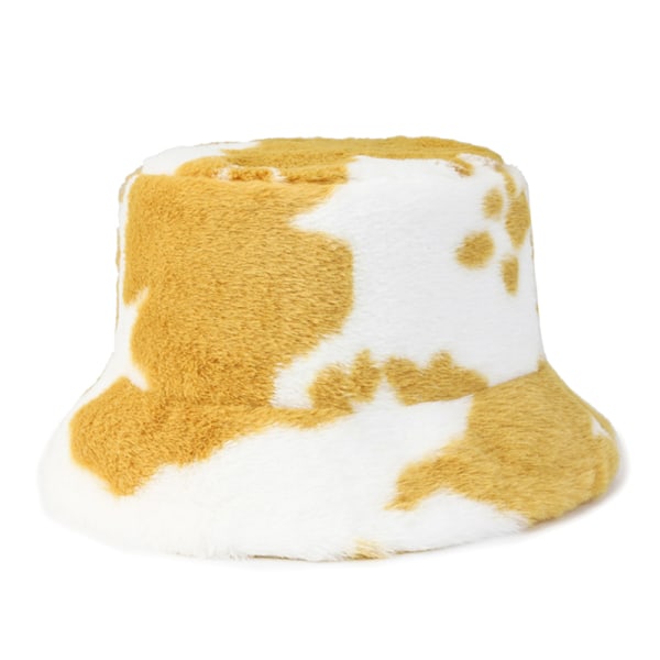 Höst och vinter cap Fluffiga ko print bucket hattar Blue Yellow