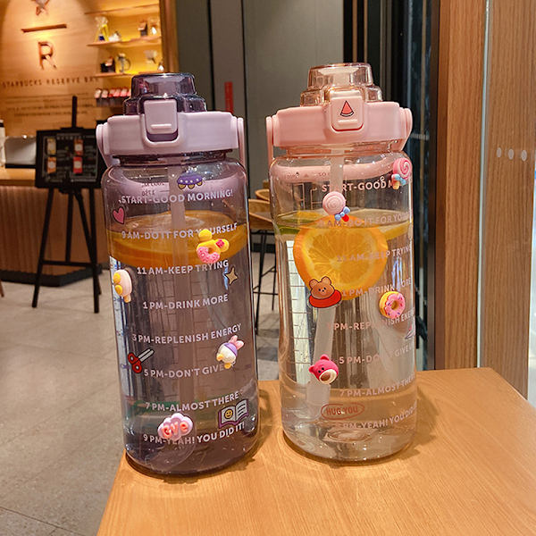2L Sport Halm Vattenflaska Stickers Bärbar Fitness Bike Cup Grön Pink