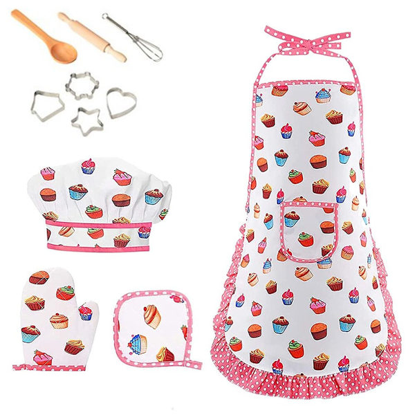 11:a Små flickor Förkläde Barn Matlagning Bakning Set Rollspel rosa red
