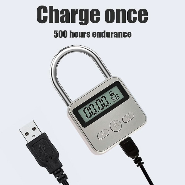 Timerlås med lcd-skärm, uppladdningsbar USB , vuxenspel, elektronisk timer silver