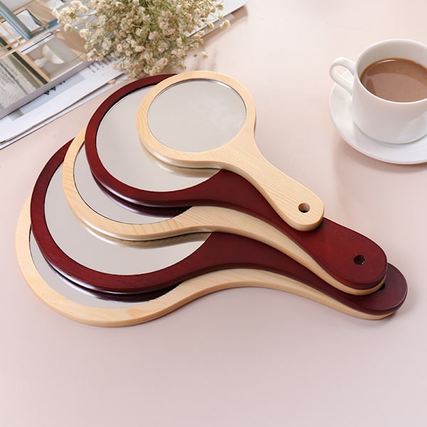 Runt trä Vintage Handspegel Makeup Sminkspegel Cosmetic Ma Coffee M Coffee M
