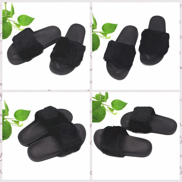 Kvinnor plysch toffel fluffig päls flip flop svart 38