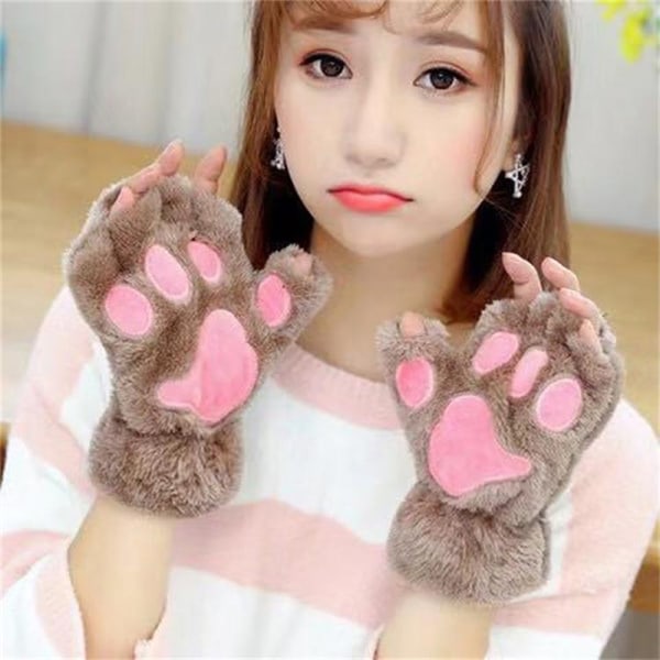 e Cat Paw fingerlösa handskar Varm mjuk plysch fingerlös handske Pink Khaki