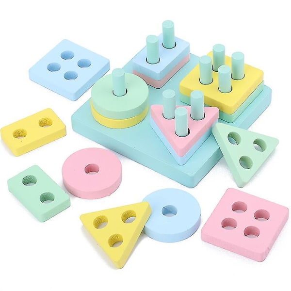 Trä barns macaron färg geometriska tidigare pussel leksaker