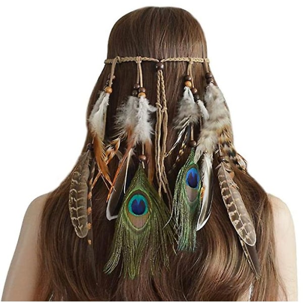 Bohemian Peacock Feather Headdress Pannband Flätning av hårband