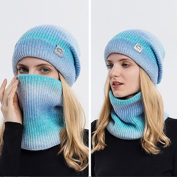 Winter Warm Scarf Hat Set Sticka Gradient Tie Dye lila blue