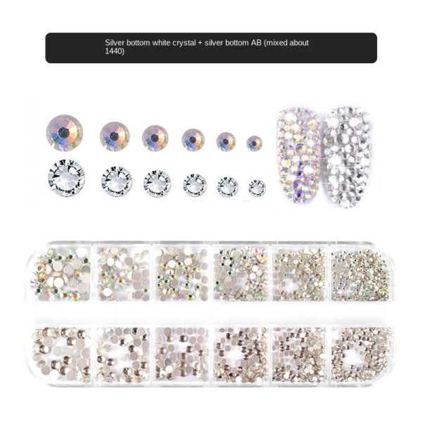 Nageldekorationer för nail art 12 Ge Mei Jia plattbottnad strass lång boxad magic färg blandad paket 1440 st. 12 rutnät manikyr smycken-04 12 grid manicure jewelry-02