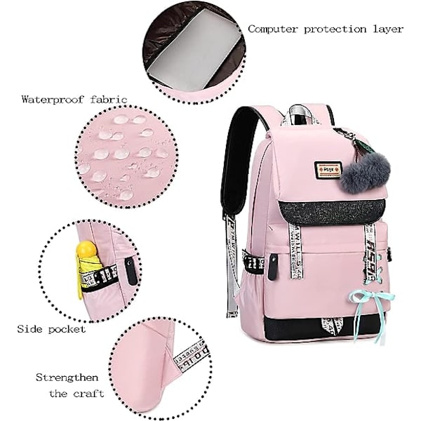Flickryggsäck Skolväskor Nylon Vattentät (Rosa)